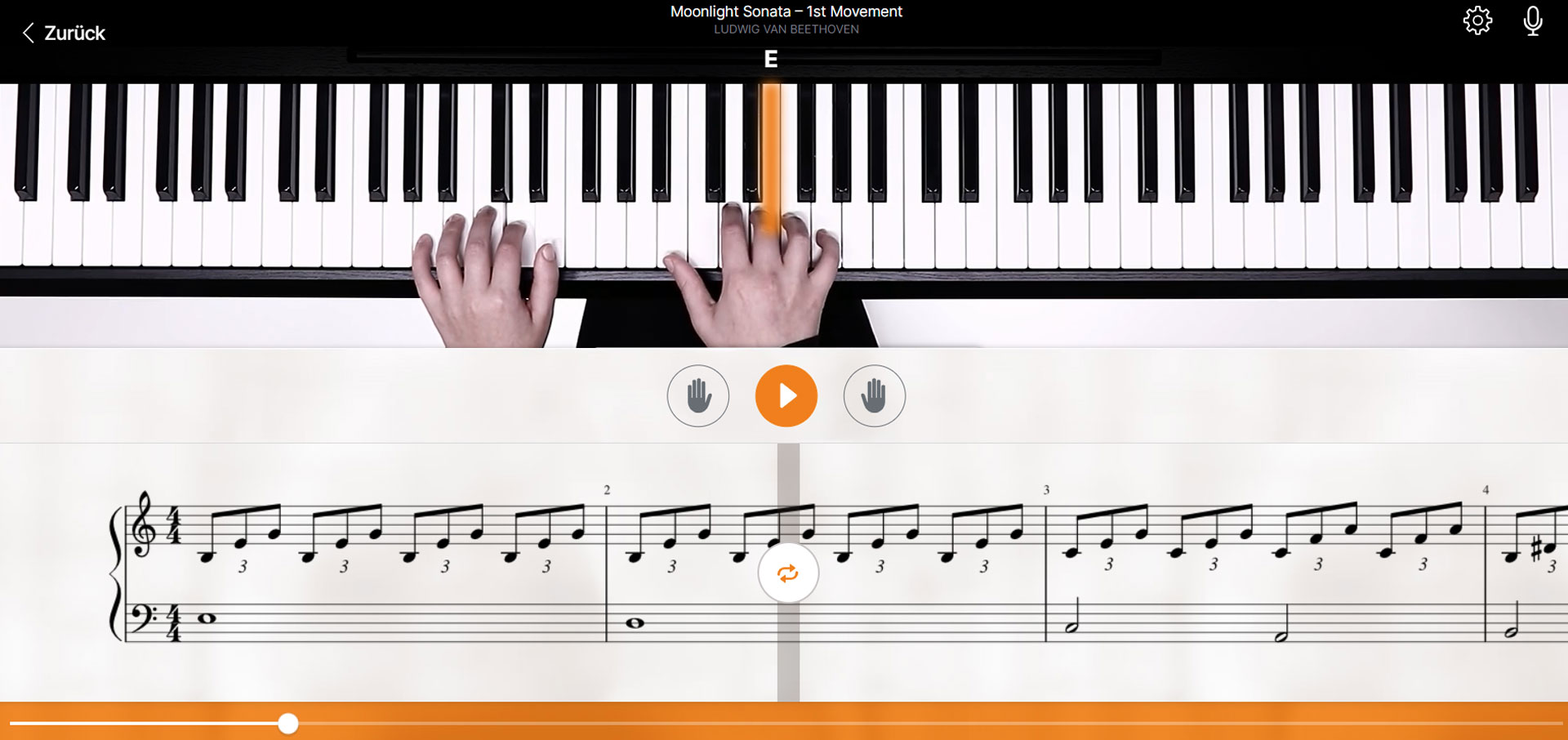Bei Flowkey kannst du die Mondscheinsonate in drei verschiedenen Schwierigkeitsstufen lernen.