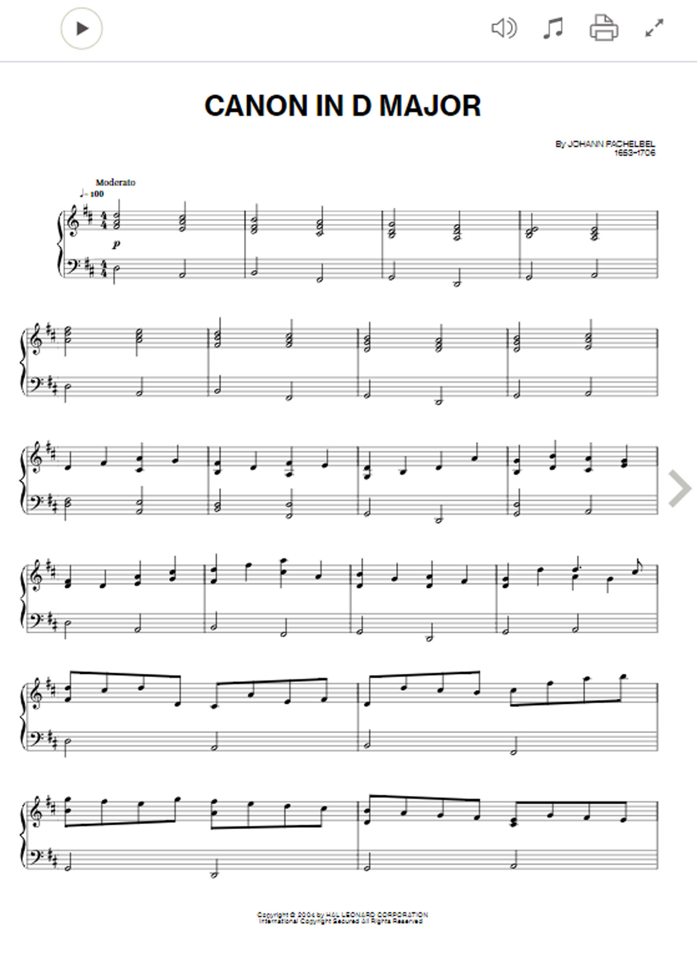 "Canon in D" von Pachelbel gibt es bei Sheet Music Direct in mehreren Versionen.