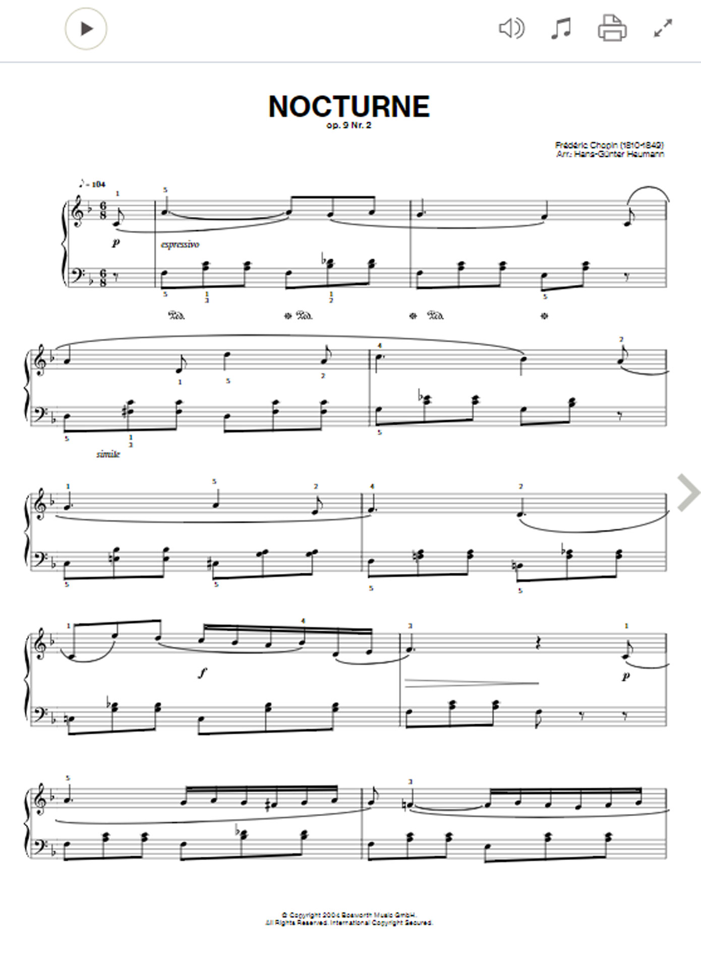 Nocturne Op.9 No.2 von Chopin Leichte Klaviernoten (PDF)