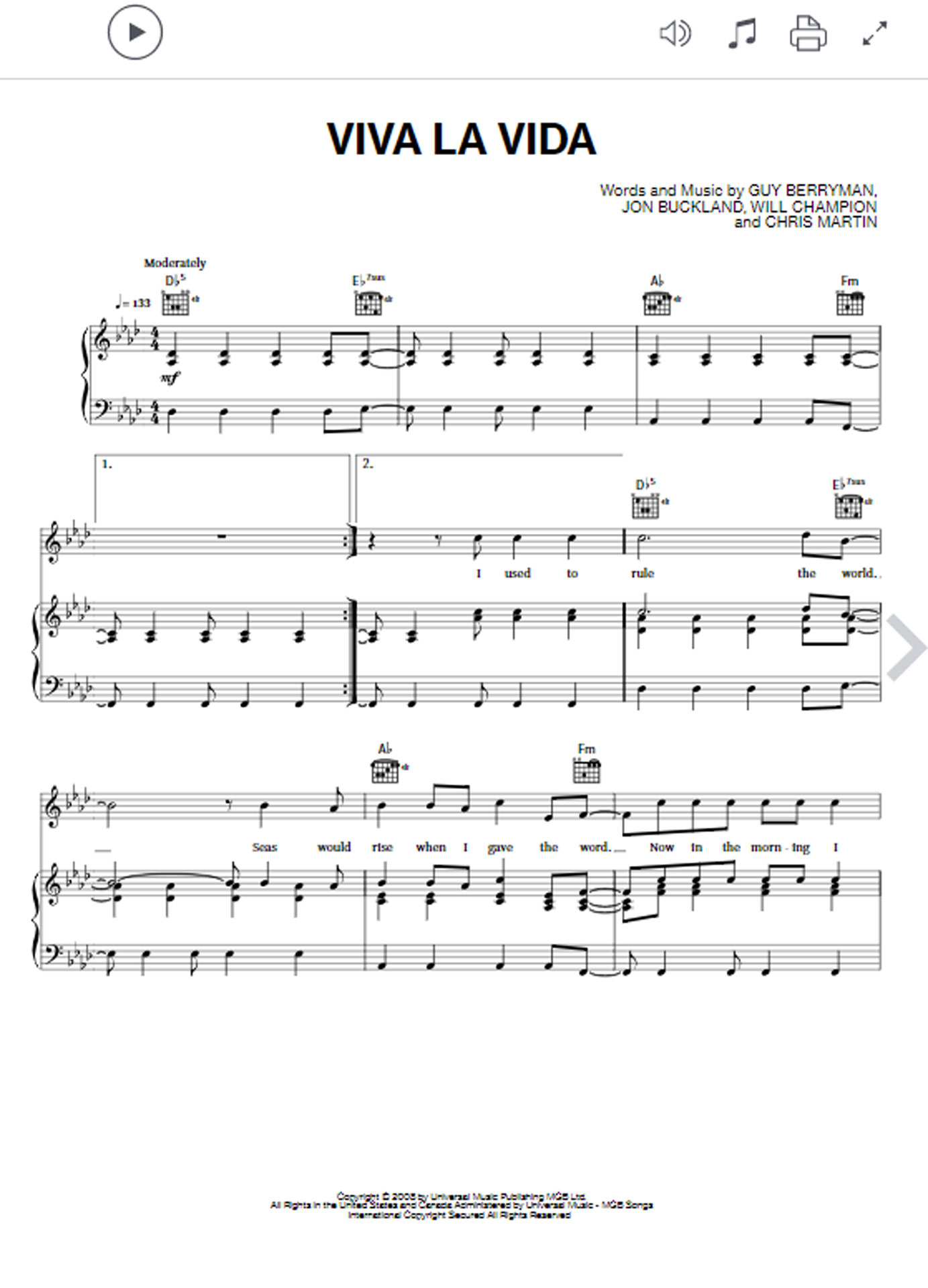 Die Noten für Klavier von Viva La Vida gibt es bei Sheet Music Direct in mehreren Versionen.