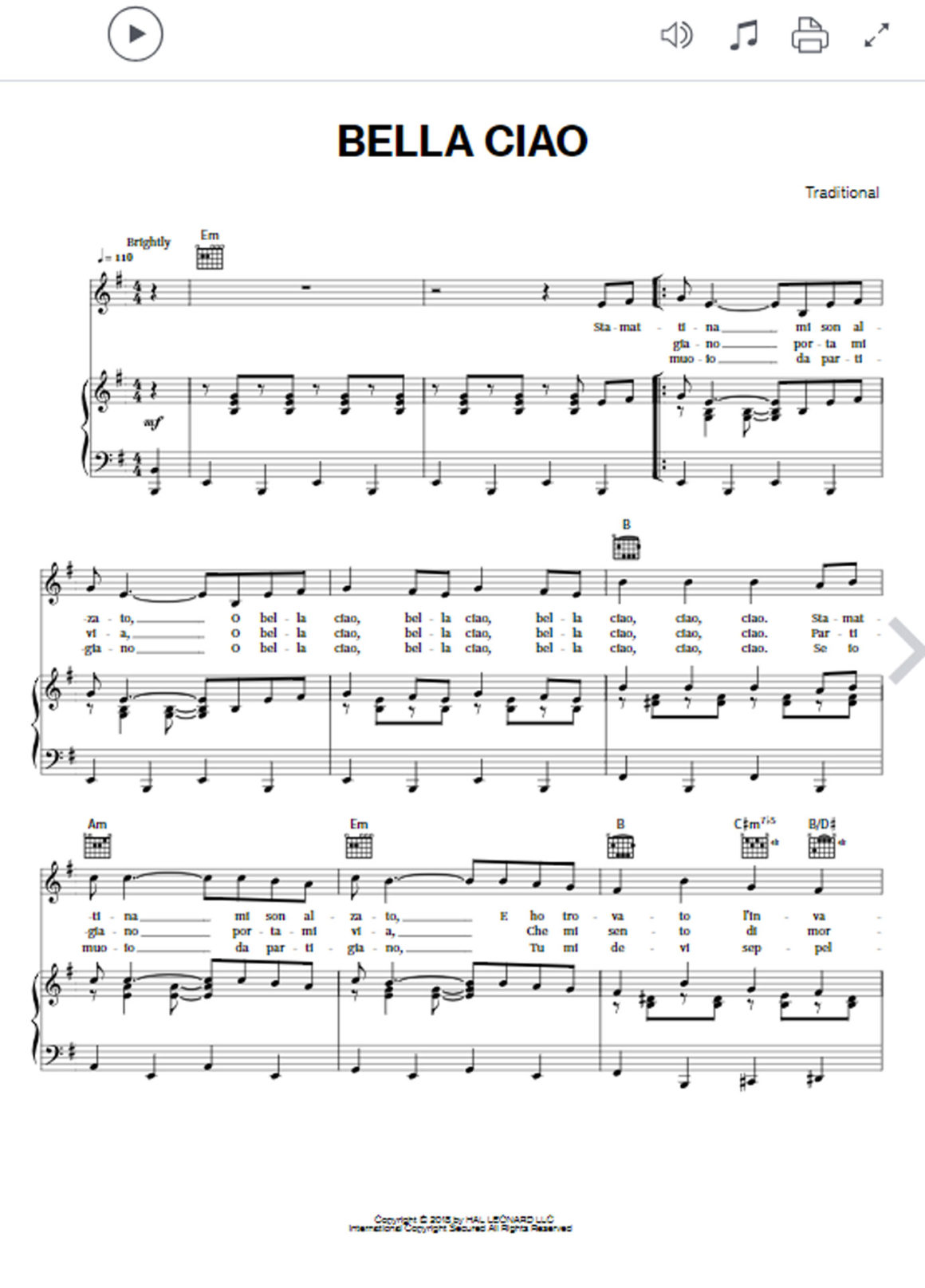 Bella Ciao Noten für Klavier leichte Versionen (PDF)