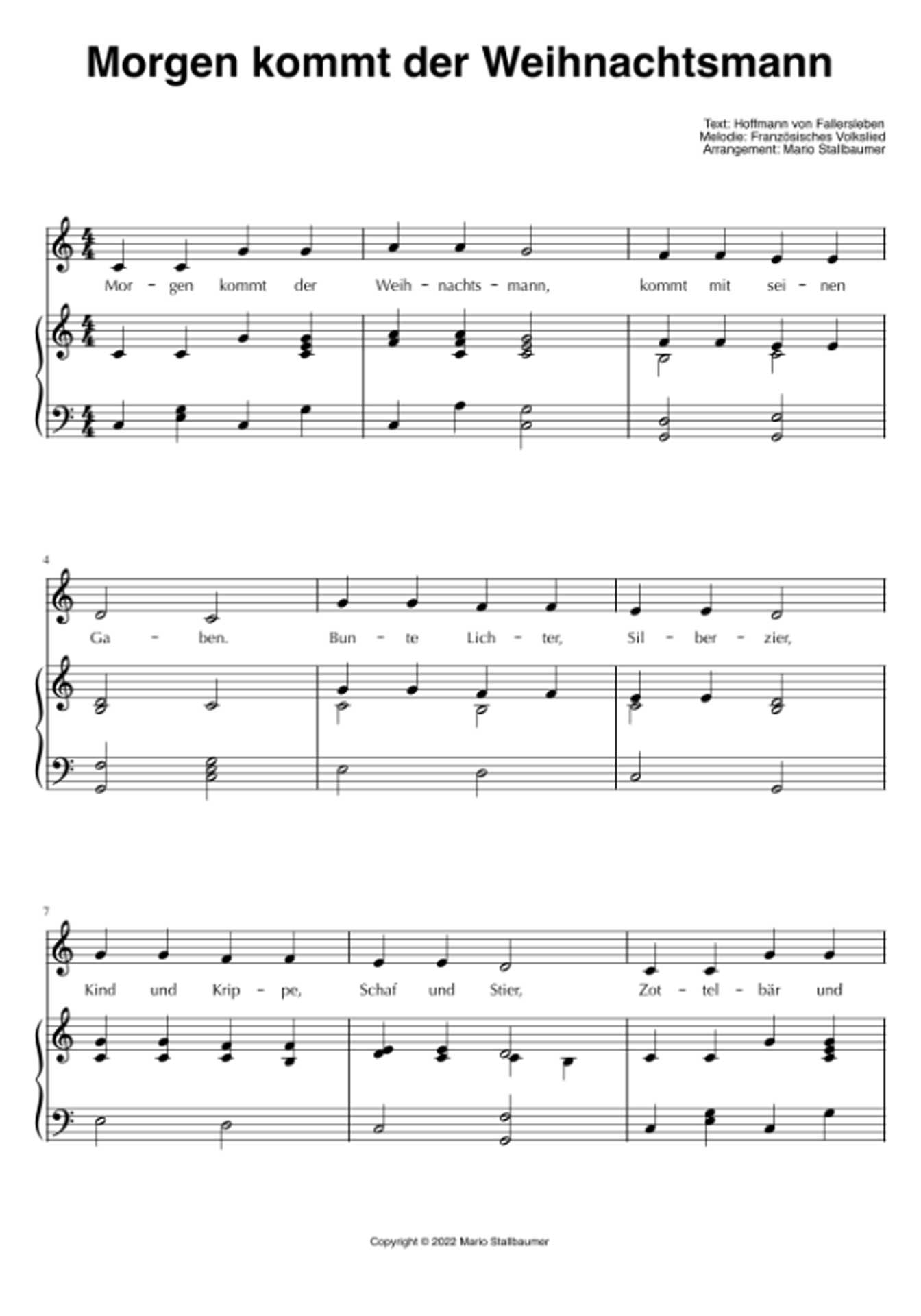 Die Noten mit für "Morgen kommt der Weihnachtsmann" gibt es bei Sheet Music Direct in mehreren Versionen.