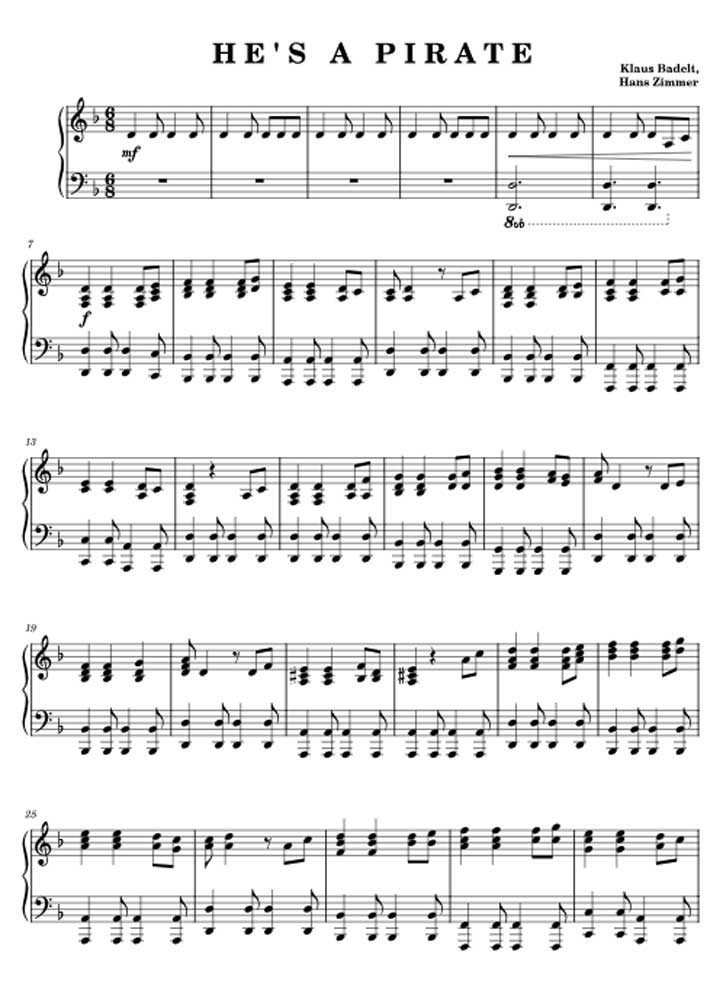 Bei Musescore findest du kostenlose Noten fürs Klavier von "He's a Pirate" aus Fluch der Karibik.