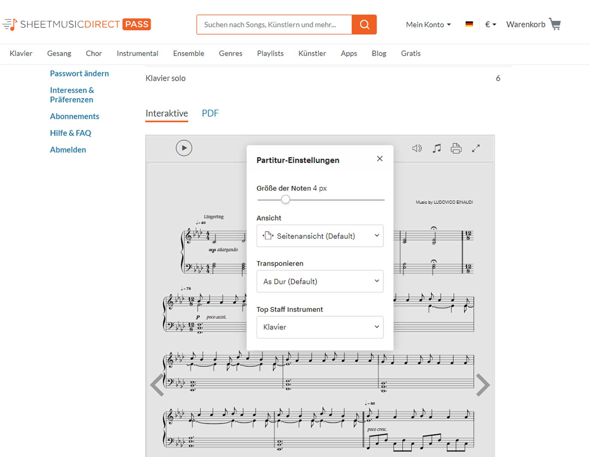 Sheet Music Direct Noten einfach transponieren EPiano Test