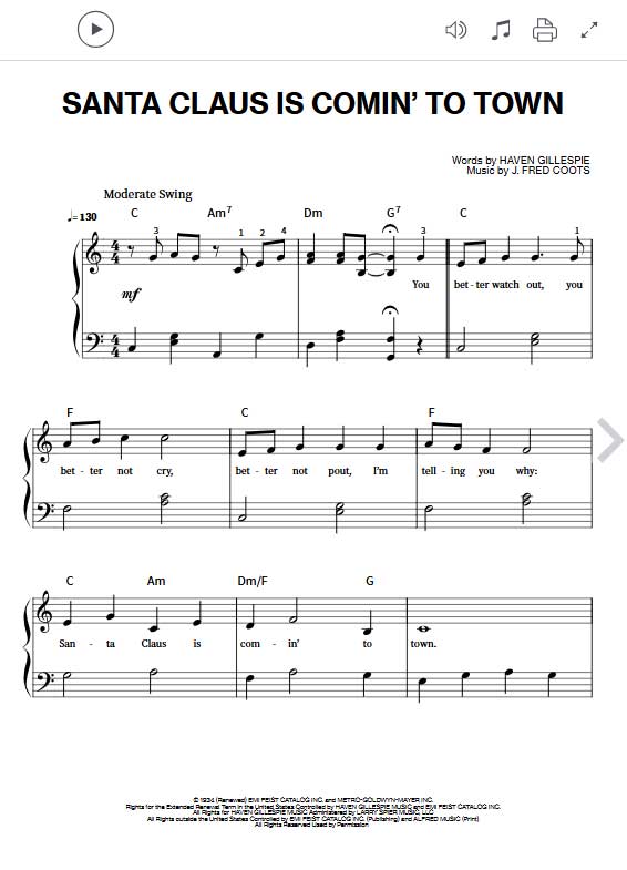 Die Noten für "Santa Claus Is Comin' To Town" gibt es bei Sheet Music Direct in mehreren Versionen.