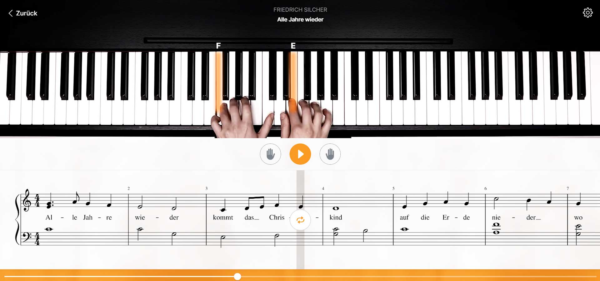 Bei Flowkey findest du Klavier Noten für verschiedene Versionen von "Alle Jahre wieder".