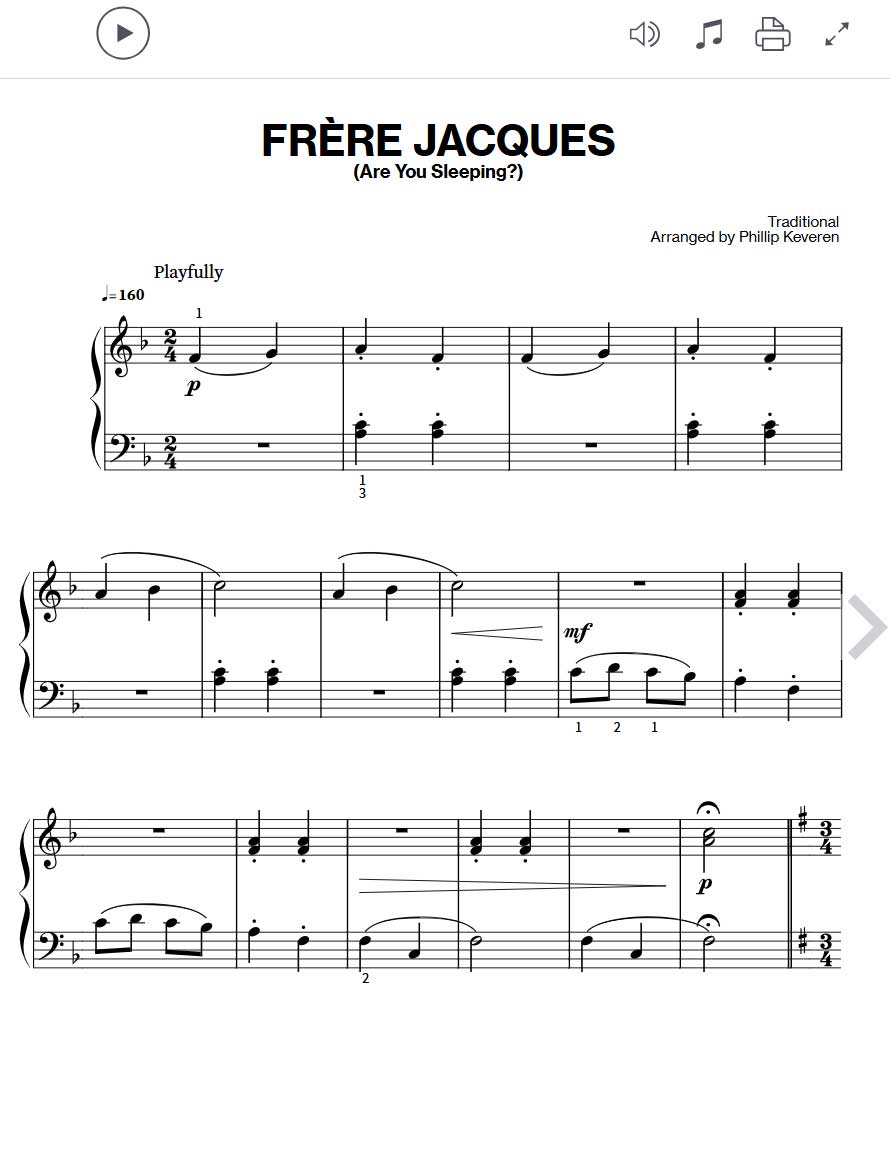 Die Noten für "Bruder Jakob" gibt es bei Sheet Music Direct mit Klavierbegleitung und Text.
