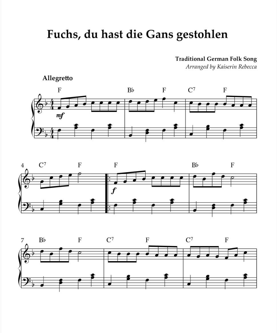 Fuchs du hast die Gans gestohlen Noten Sheet Music Direct Klavier einfach Anfänger
